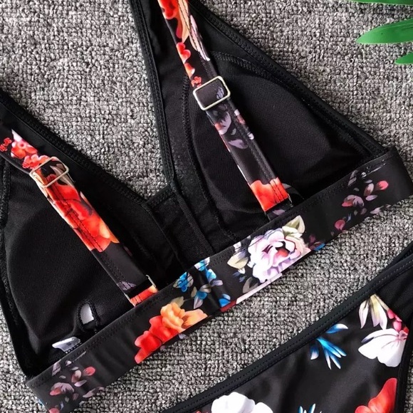 CLEARANCE Black Sheer Mesh & Floral 2Pc Swimsuit Bikini - Picture 3 of 3